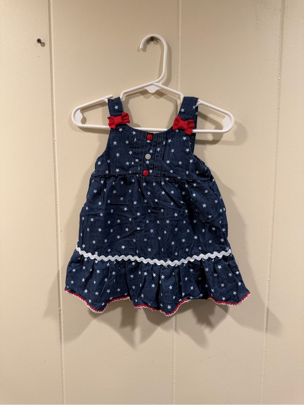 small wonders Navy Star Denim Dress with Red Bow Accents
